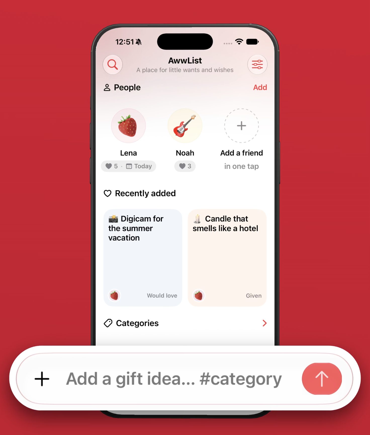 AwwList home screen showing people and saved gift ideas.